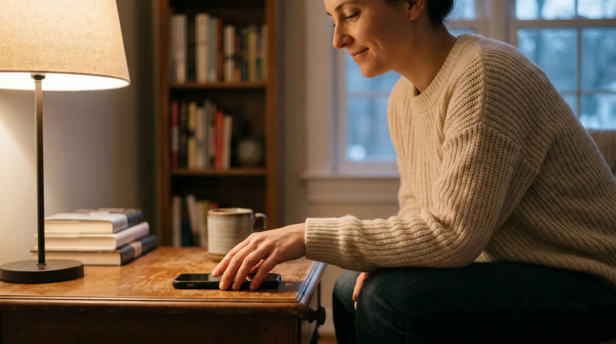 A calm young person setting a phone face-down in a warm lamp-lit home nook, slowing down for the evening