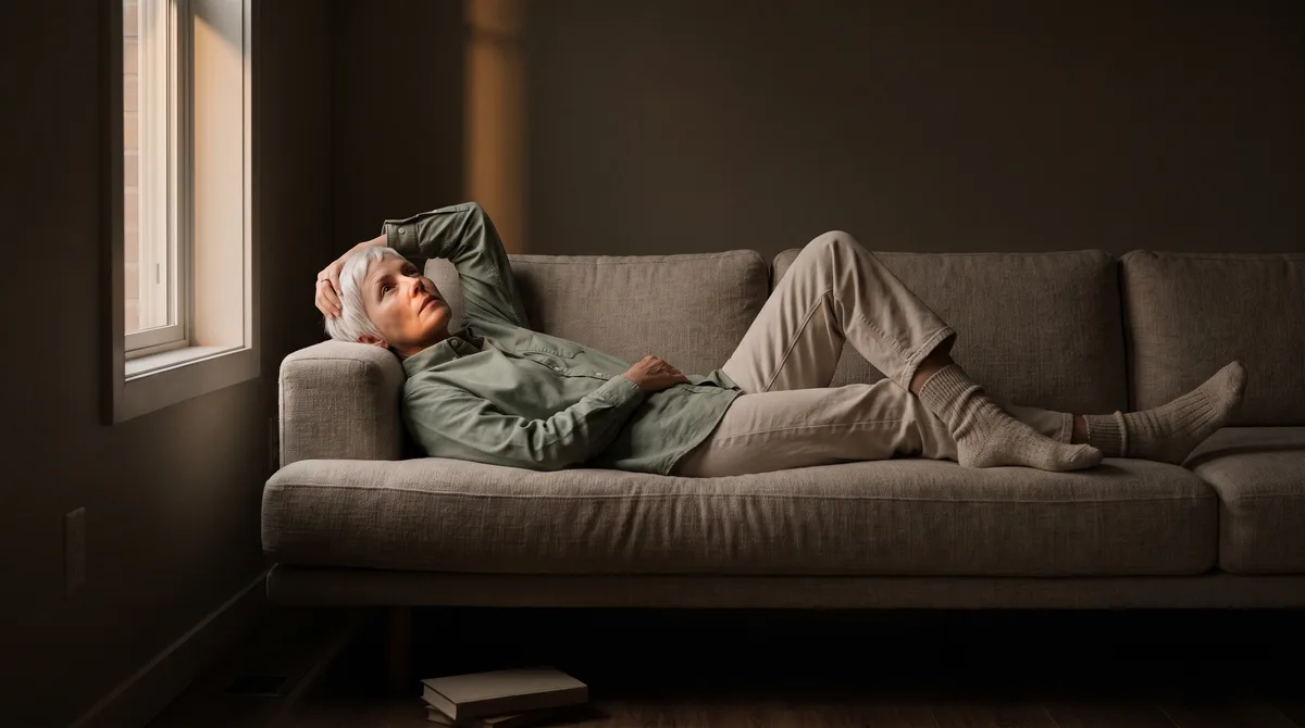 A woman lying on a couch at dusk, one arm behind her head, staring at the ceiling in wool socks, the room half-lit