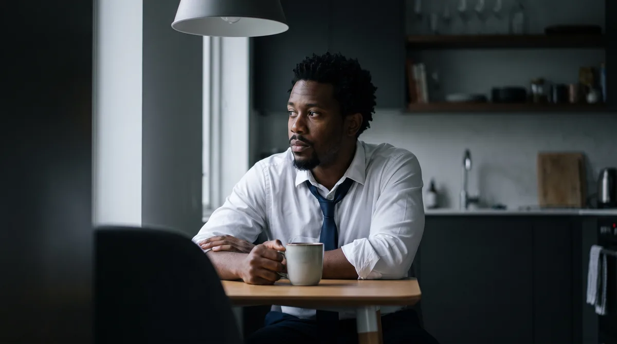 A man sitting alone at a kitchen table in the evening, a cup of tea gone cold in front of him, expression distracted