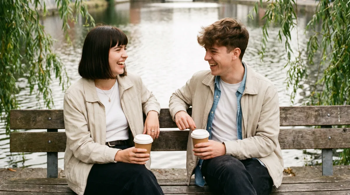 Two friends laughing on a bench by the Grand Canal in Dublin in summer