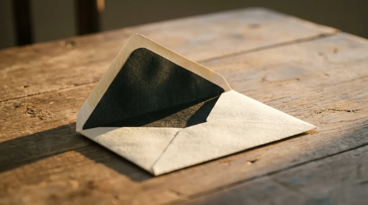 An opened envelope with its flap raised on a wooden table, its contents still unseen, low warm sun