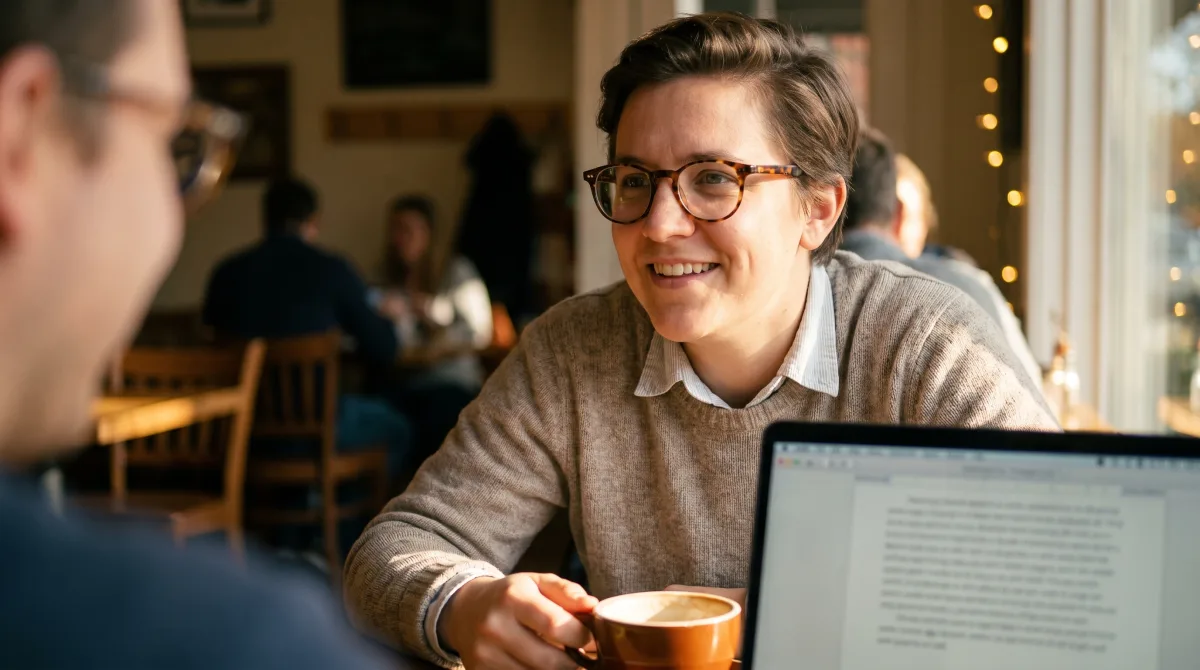 A warm, emotionally present young person listening attentively in a café in soft autumn afternoon light