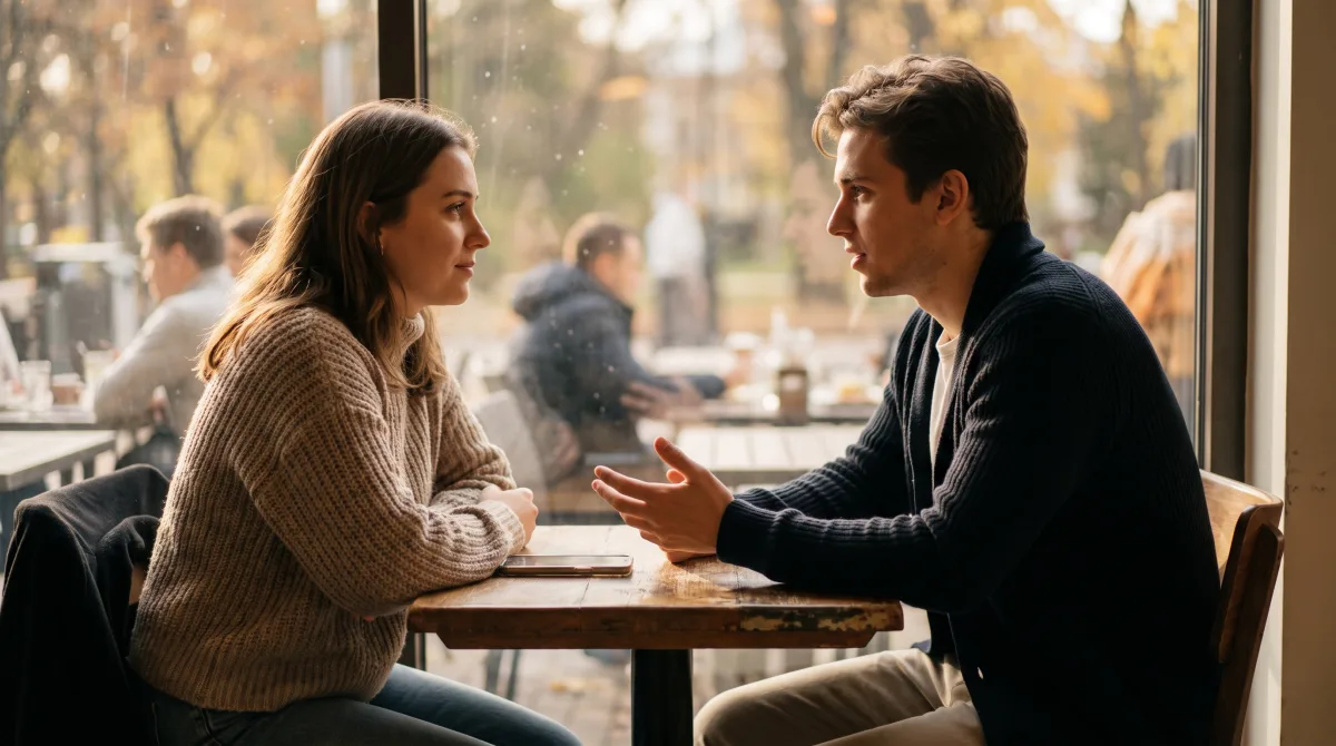 Two young people in warm, attentive conversation across a café table, reading each other well