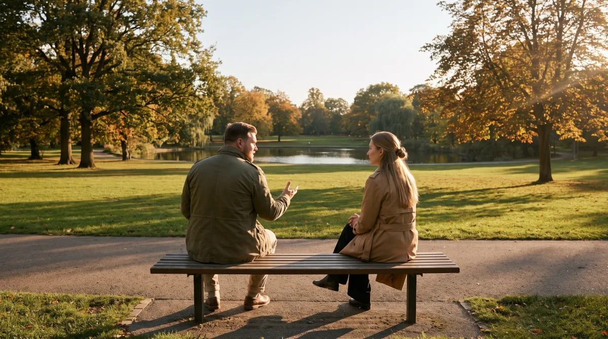 Two people on a park bench seen from behind, one turning toward the other mid-sentence