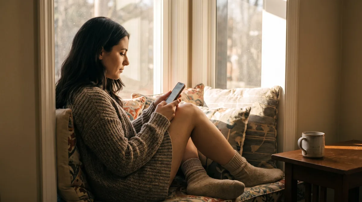 A stylish young woman in a window nook calmly reading one long profile on her phone instead of swiping