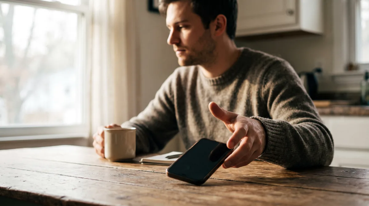 A young man setting his phone face-down on a kitchen table in morning light, thumb lifted, done swiping
