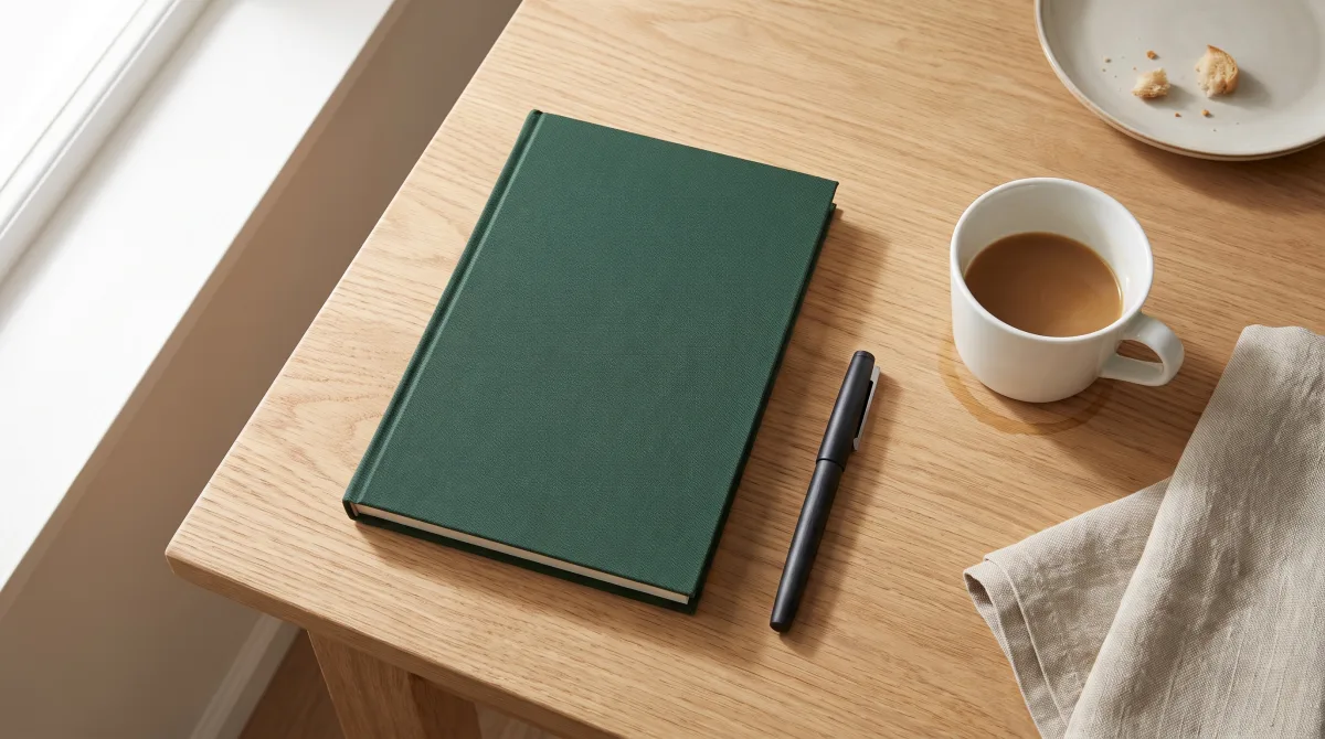 A closed journal and a capped pen resting on a kitchen table, nothing yet written