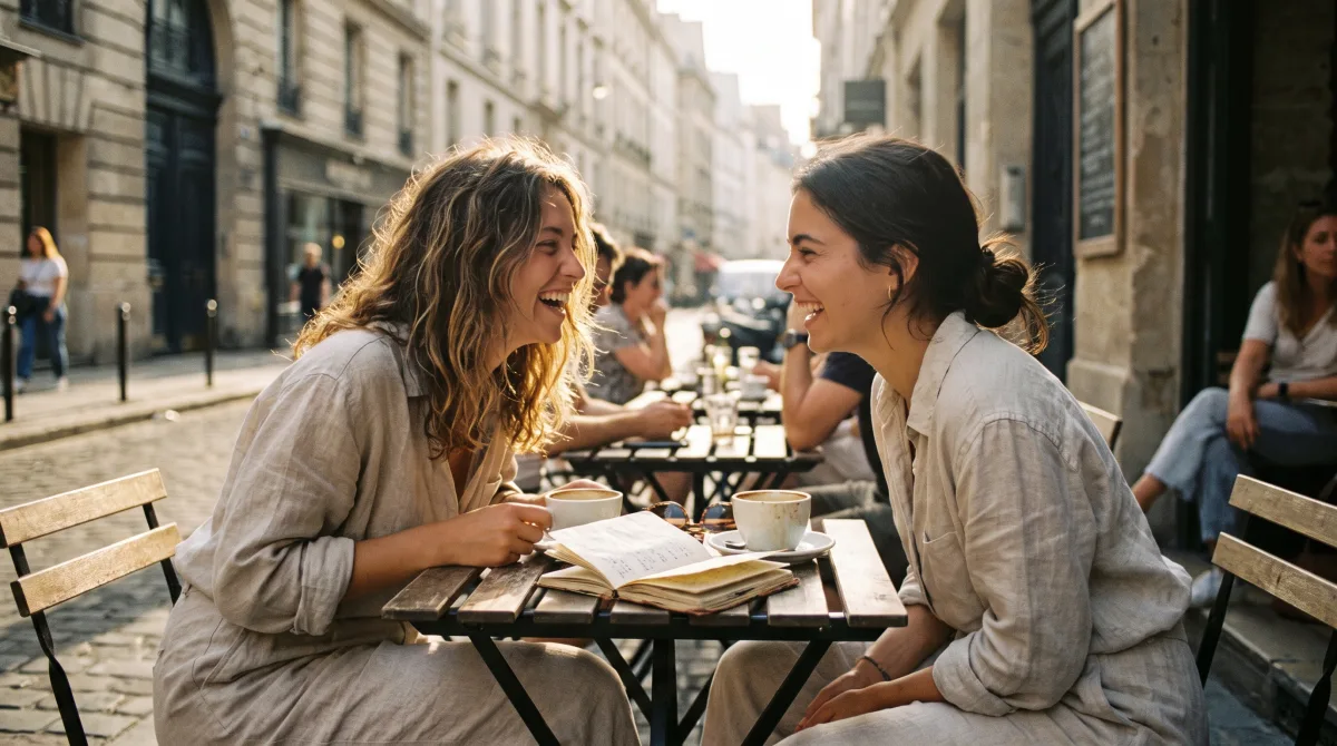 Two friends laughing across a café-terrace table