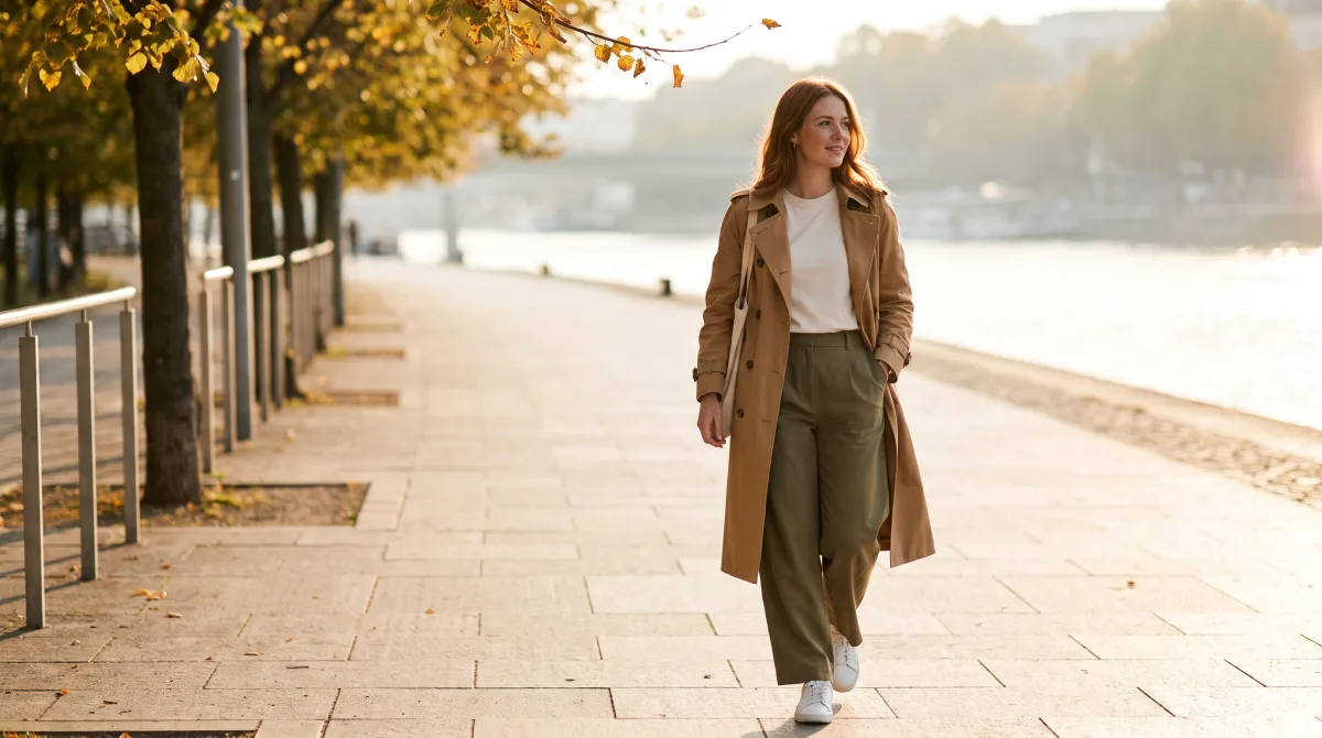 A woman walks alone along a river embankment at golden hour, her coat open in the breeze