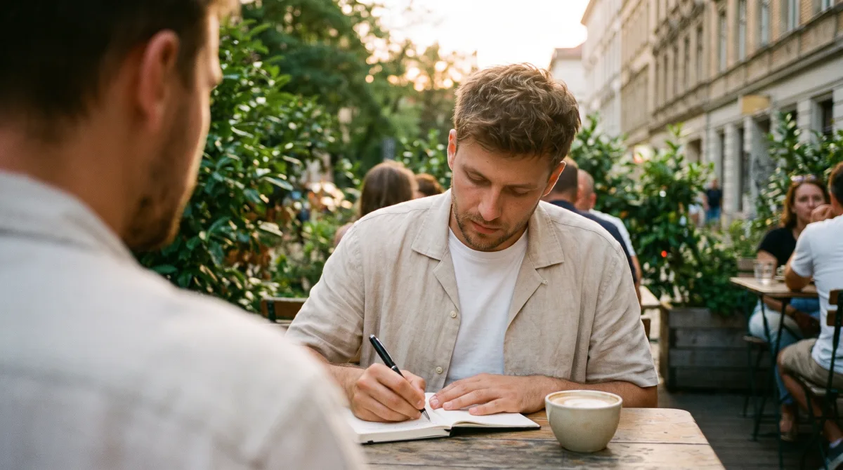A young writer writing in a notebook with coffee on a café terrace