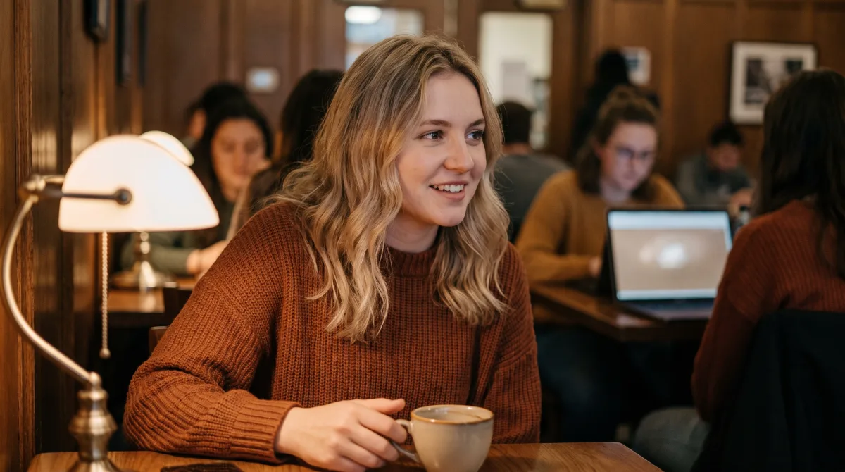 Portrait of a young woman listening warmly with an engaged smile on a first date in warm café light