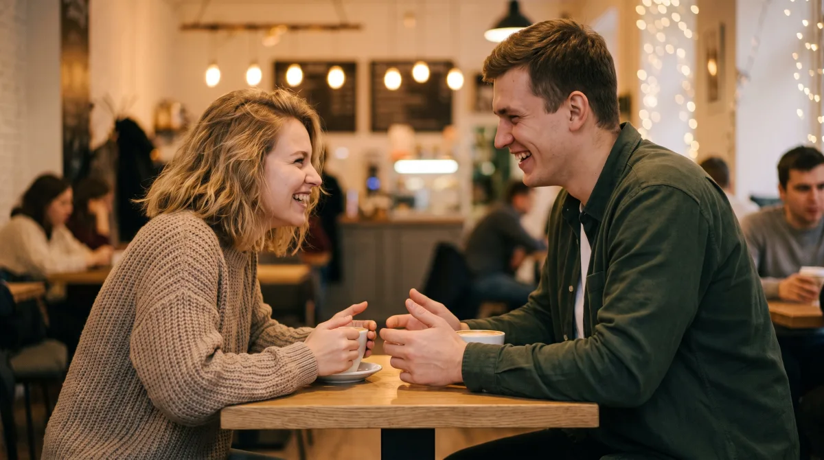 A young man and woman leaning in mid-conversation on a first date at a warm campus café, coffees between them, laughing