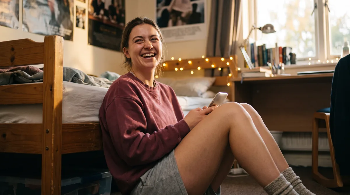 A student sitting on their dorm-room floor, phone in hand, laughing at a message on the screen in late-afternoon light