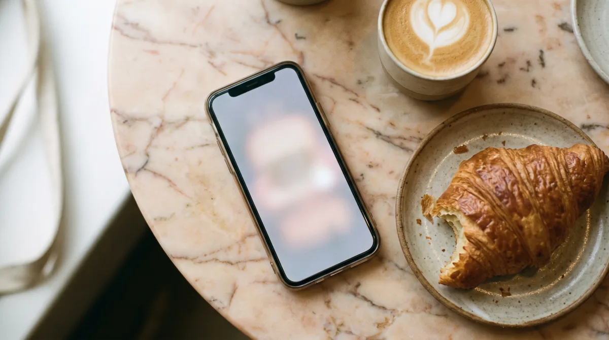 A phone lying on a café table beside a croissant, its screen a soft neutral blur