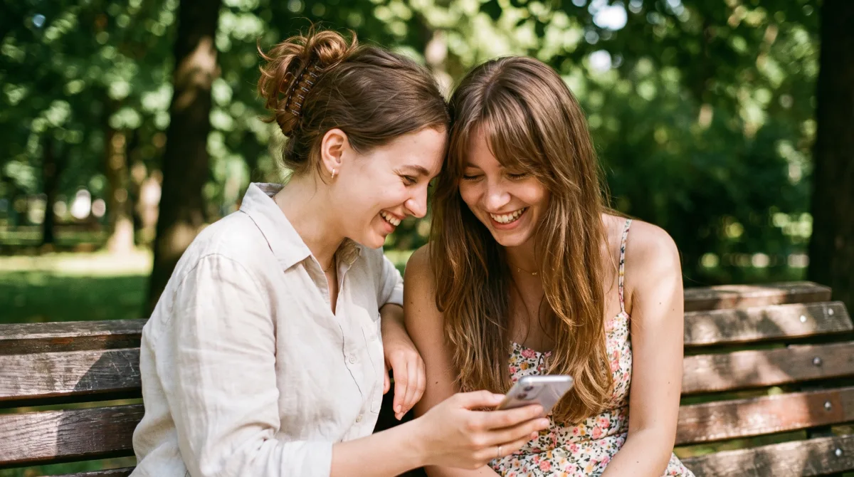 Two young women on a park bench sharing a phone and laughing