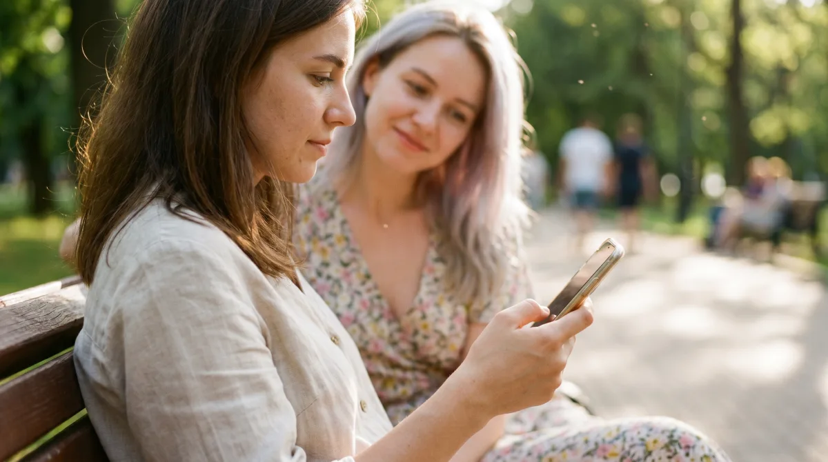 A young woman scrolling her phone with a friend beside her in a summer park