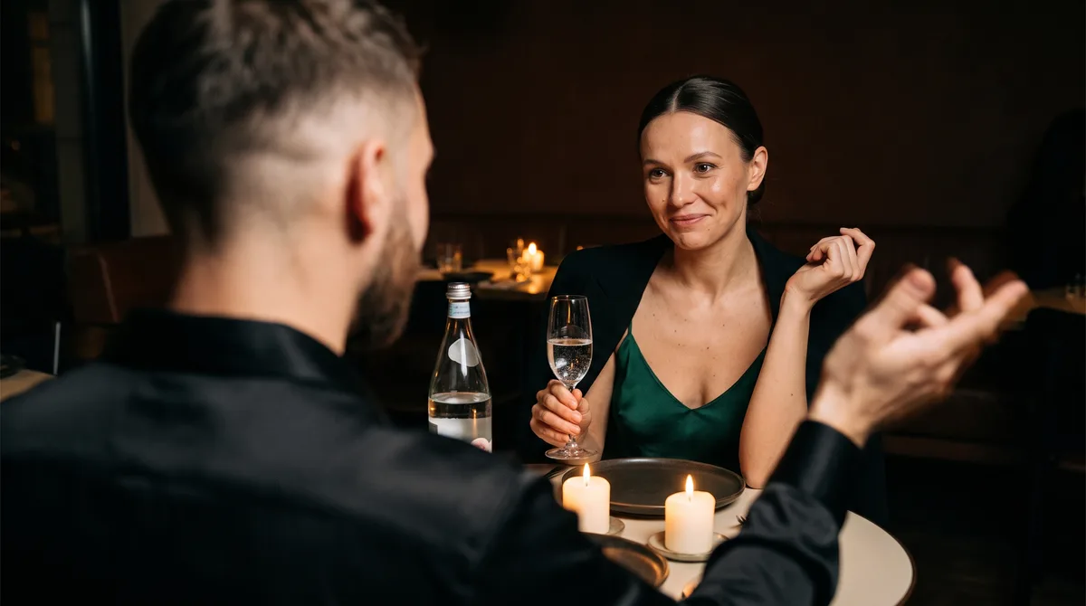 A candlelit dinner table where a man gestures toward an imagined horizon while his date watches with a mix of hope and doubt