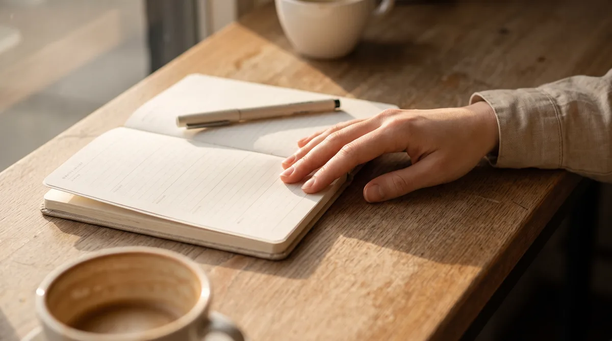 An open paper planner with blank pages beside two coffee cups on a café table, one person's hand resting near the empty week in soft afternoon light