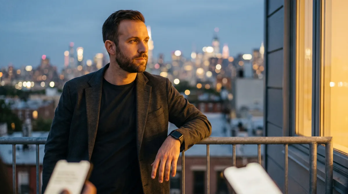 A thoughtful young founder at a rooftop railing looking toward the city lights at blue hour