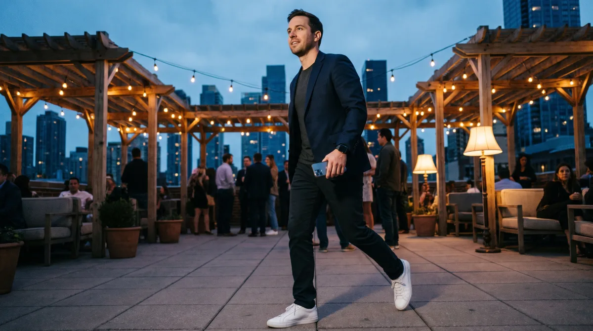 A young founder striding across a rooftop terrace at blue hour, phone in hand, city skyline behind