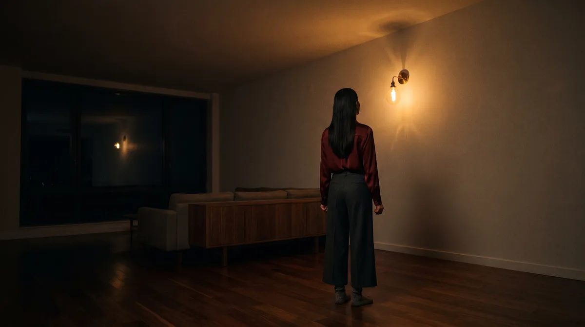 A woman standing in a dim living room, staring up at a flickering wall sconce