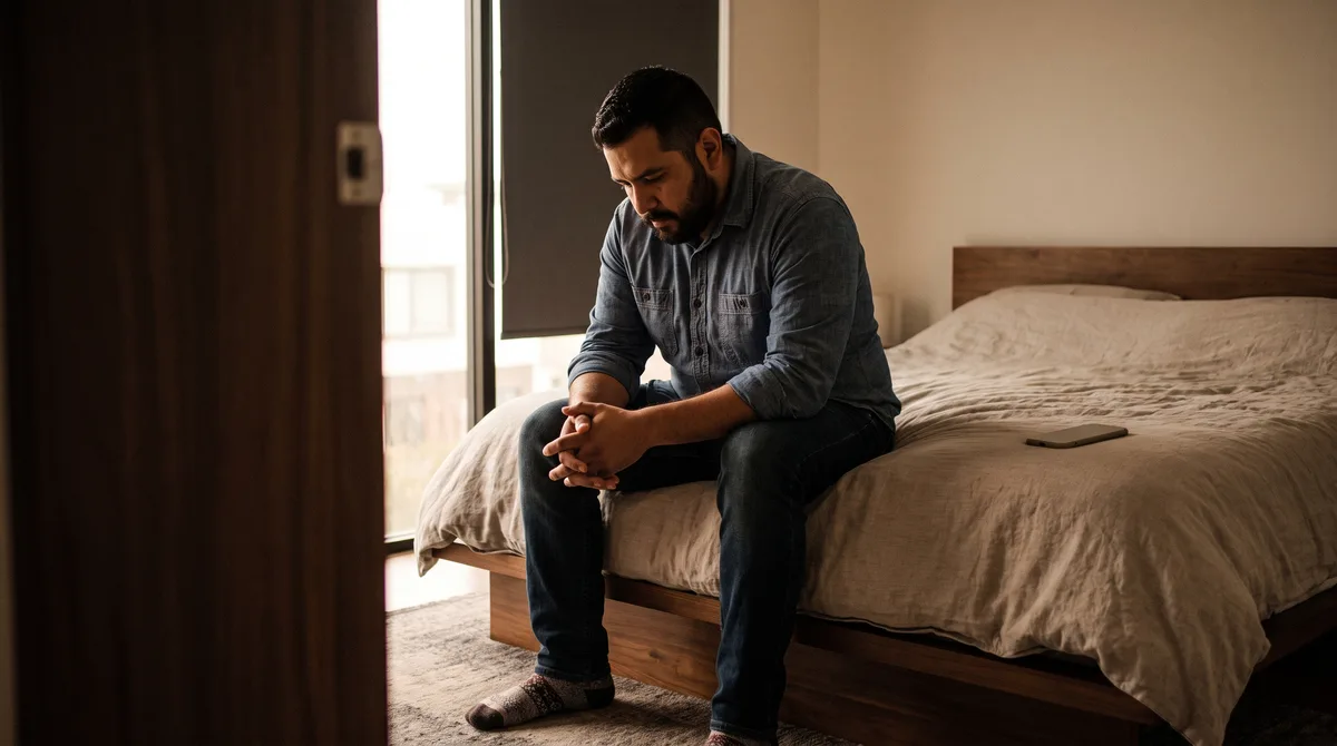 A man sitting on the edge of a bed in low evening light, staring at the floor