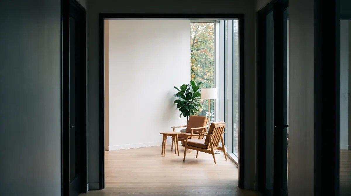 An empty coworking corner with two chairs angled toward each other, no one seated