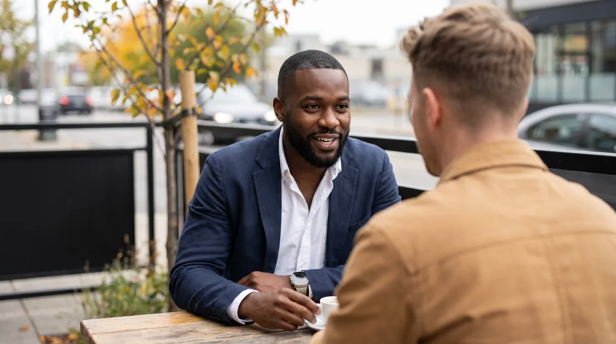 Two men mid-conversation at a café terrace table, one leaning in as he talks