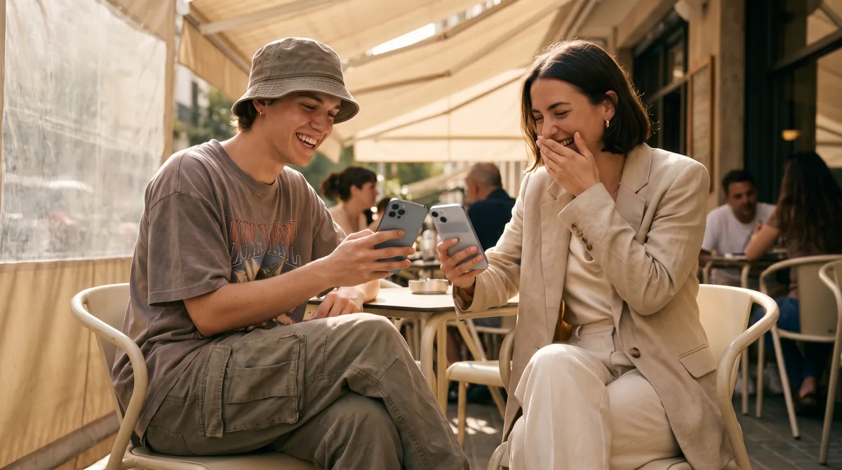 A Gen-Z and a millennial laughing as they compare phones at a sunny café terrace