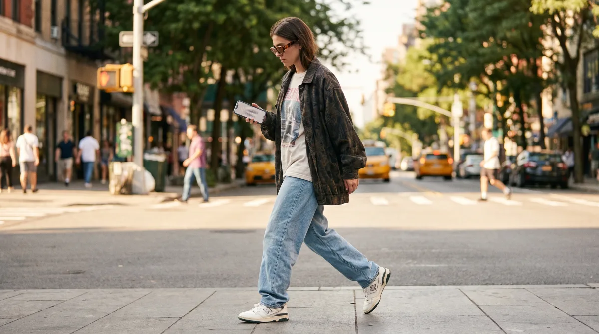 A stylish Gen-Z twenty-something in streetwear checking a phone on a sunny city street