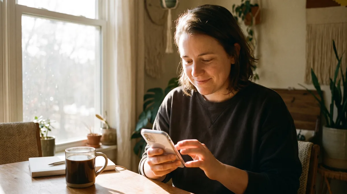 A person by a bright morning window typing a considerate reply, a hopeful turn away from ghosting