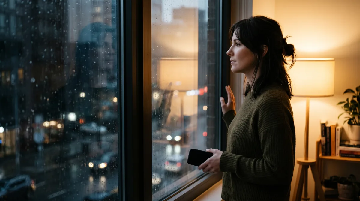 A person by a rain-streaked apartment window at night holding a phone, wistful but not defeated