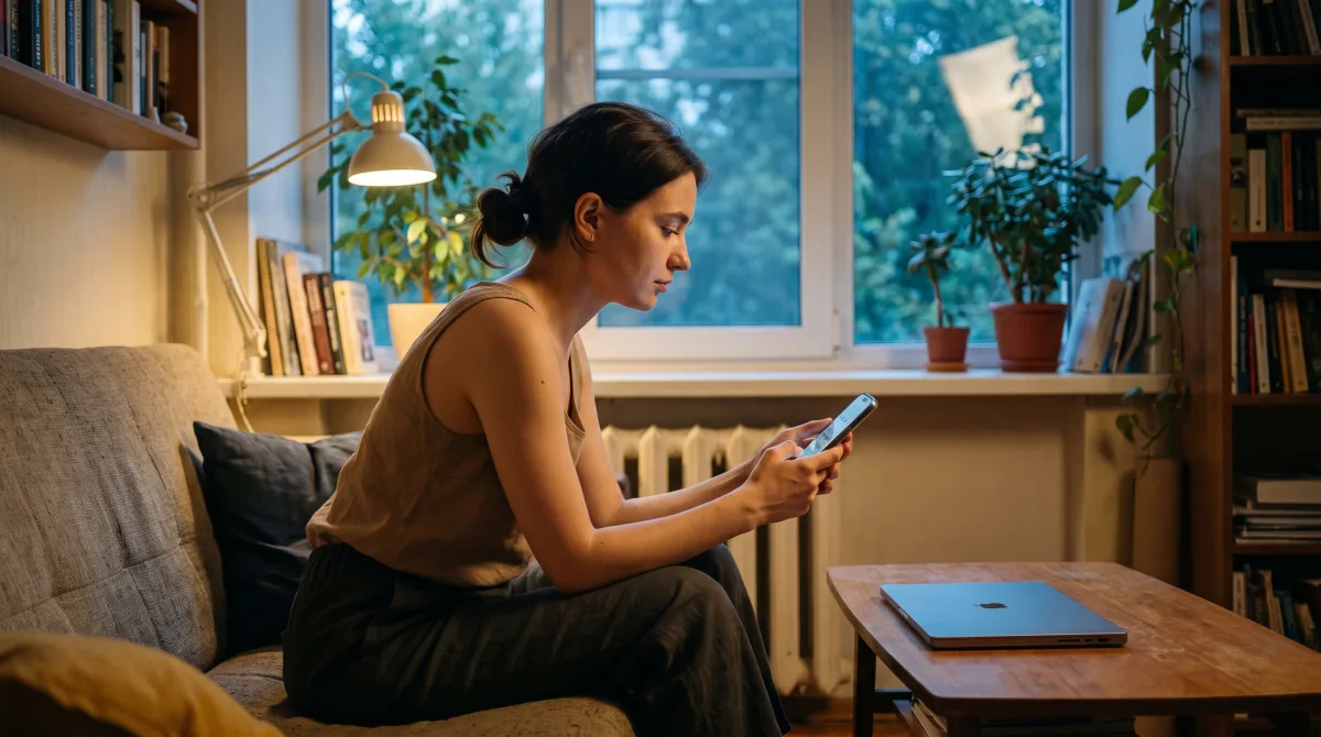 A young woman in a dim room looking at her phone at a message marked read with no reply
