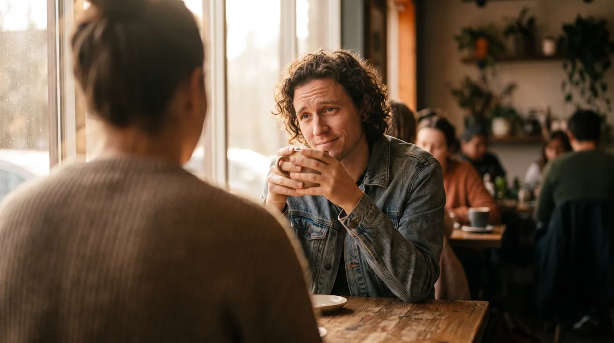 A person listening across a café table with a subtly thoughtful, reading-the-room expression