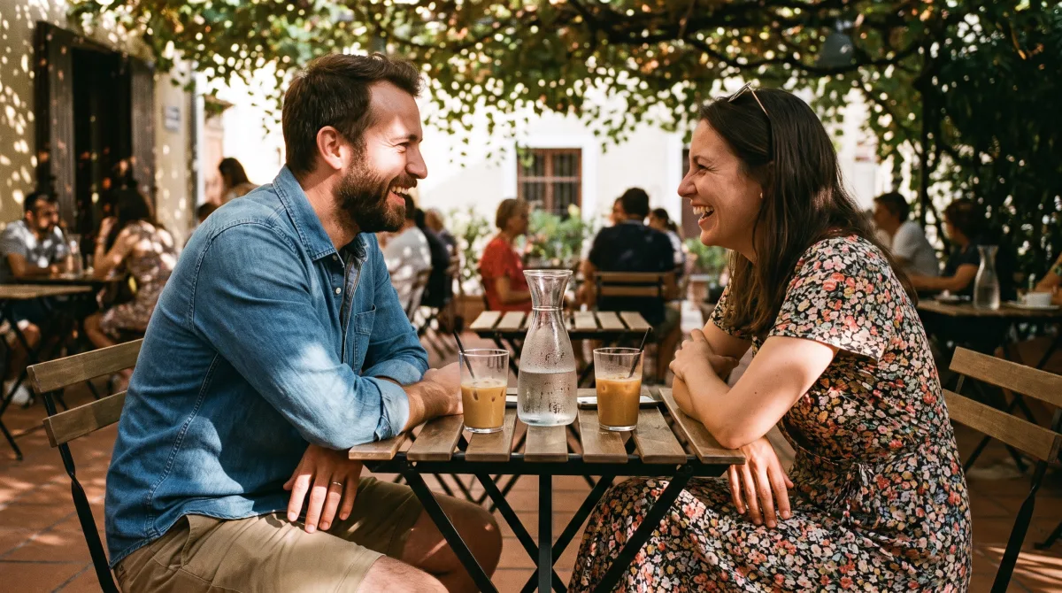 Two people laughing together across a table on a sunny summer café terrace, easy chemistry