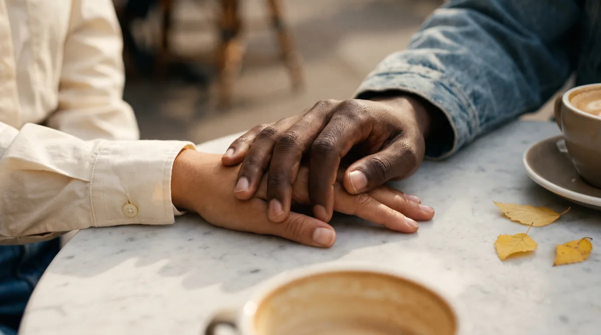 Two people's hands resting together on a café table, one hand gently over the other