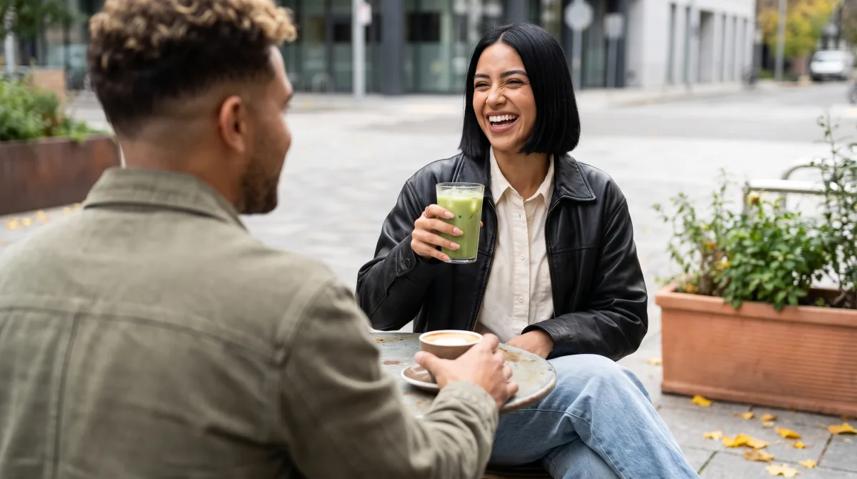 Two people laughing together at a small café terrace table in early-autumn light