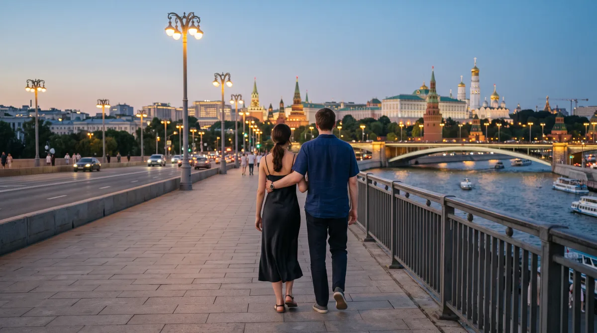 A couple seen from behind, walking arm in arm across a city bridge in the deep evening light of late summer