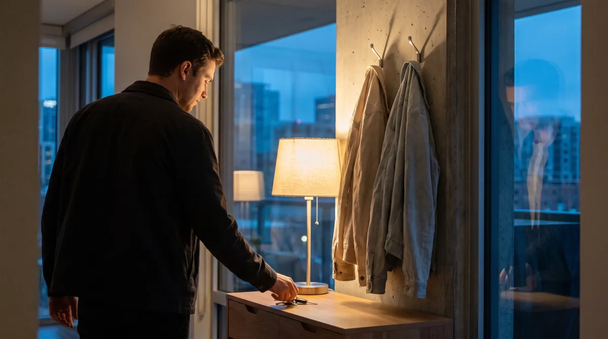 A modern apartment entry hall at dusk, a lamp just switched on, two jackets hanging side by side on the hook by the door
