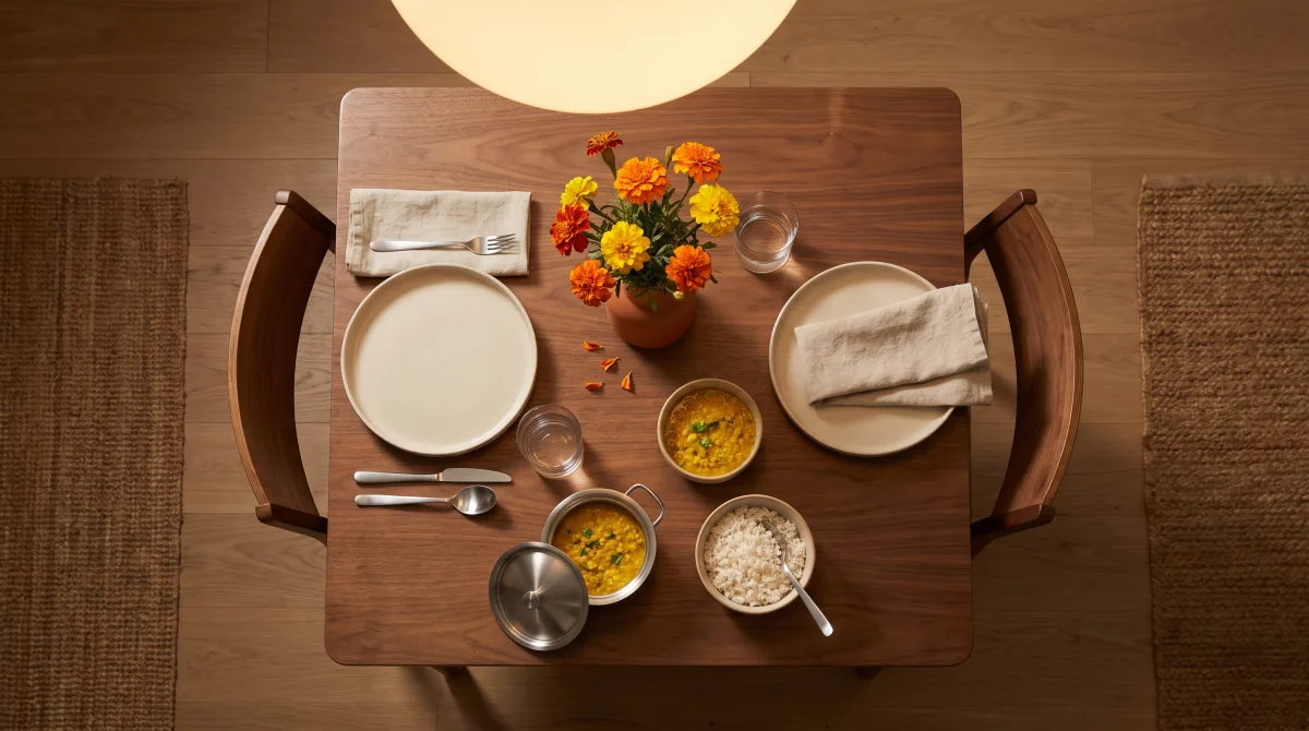 A small table set for two people, with fresh marigold flowers in a vase, in warm indoor light