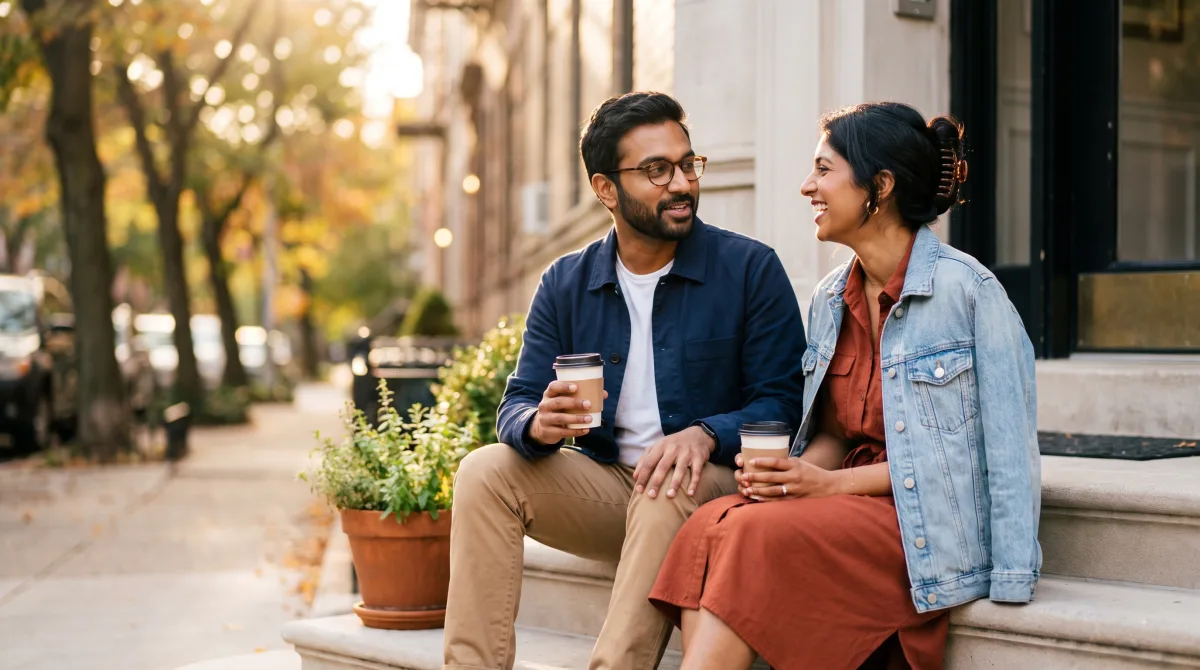 Two people sitting together on an apartment stoop in the evening, mid-conversation