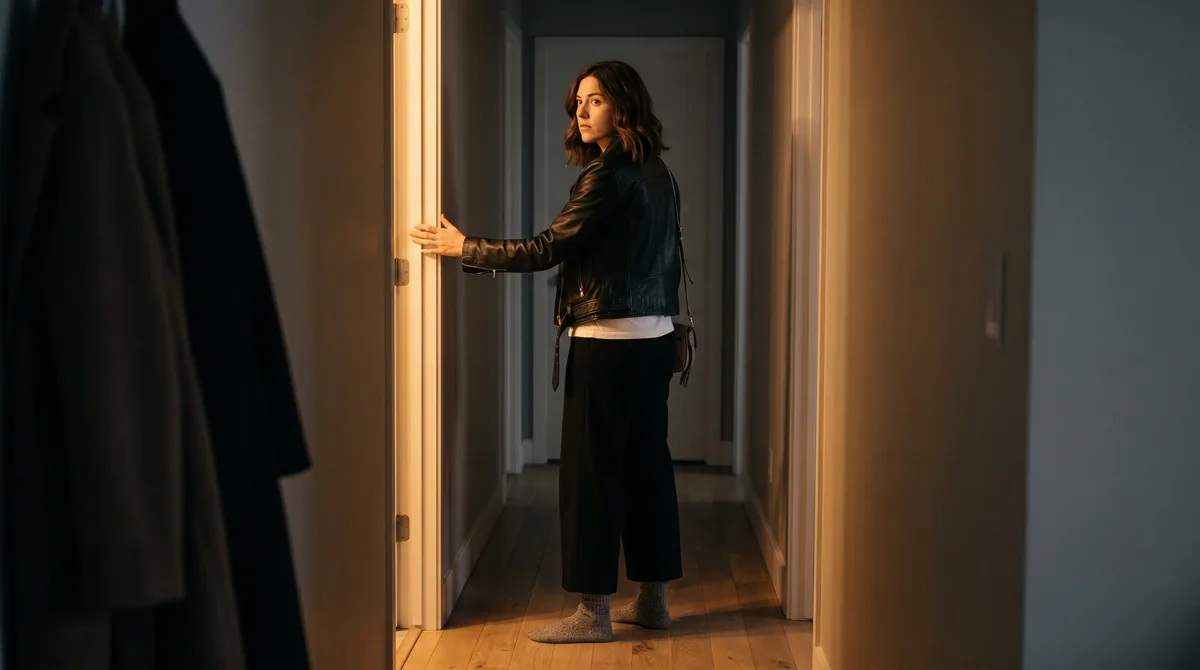 A woman standing in a dim apartment hallway, hand resting on a half-open door, looking back over her shoulder
