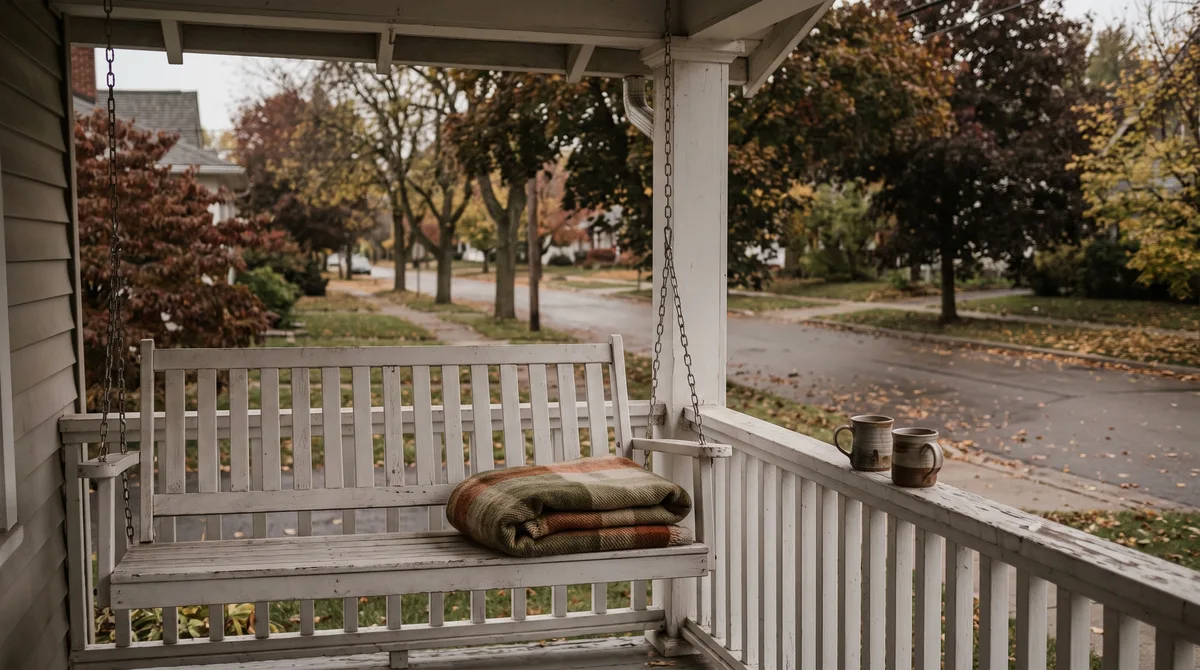 An empty porch swing at dusk, two untouched mugs of tea resting on the railing beside it