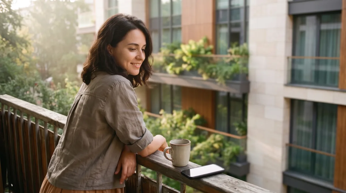 Someone leaning on a sunlit apartment balcony railing on a late-July morning, a cup of coffee on the rail and their phone lying face-down beside it