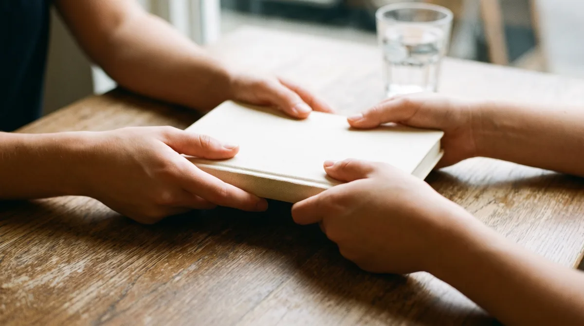 Two hands passing a closed, cream-bound journal across a small café table