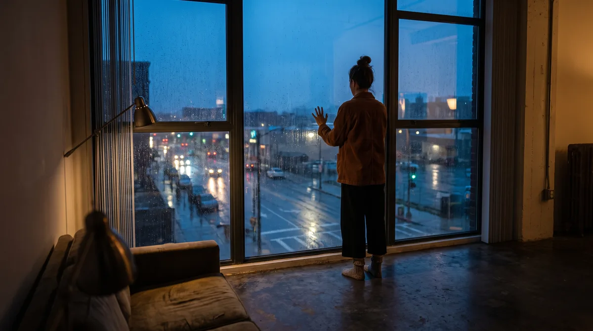 A woman stands close to a rain-streaked window at dusk, one hand resting flat against the cold glass, watching the empty street below