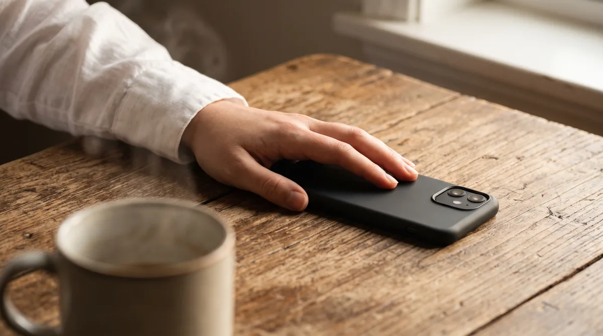 A hand rests lightly on a phone lying face-down on a wooden table beside a cooling mug of tea in early morning light