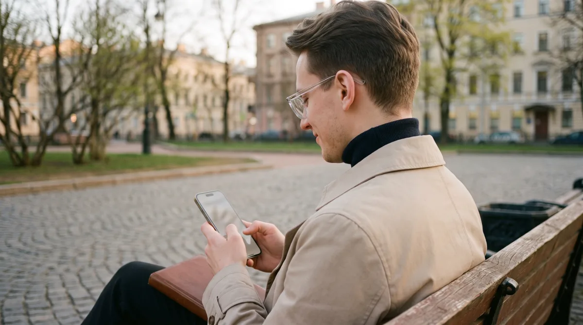 A thoughtful young man on a park bench typing a bold first message on his phone with a small determined smile in soft morning light