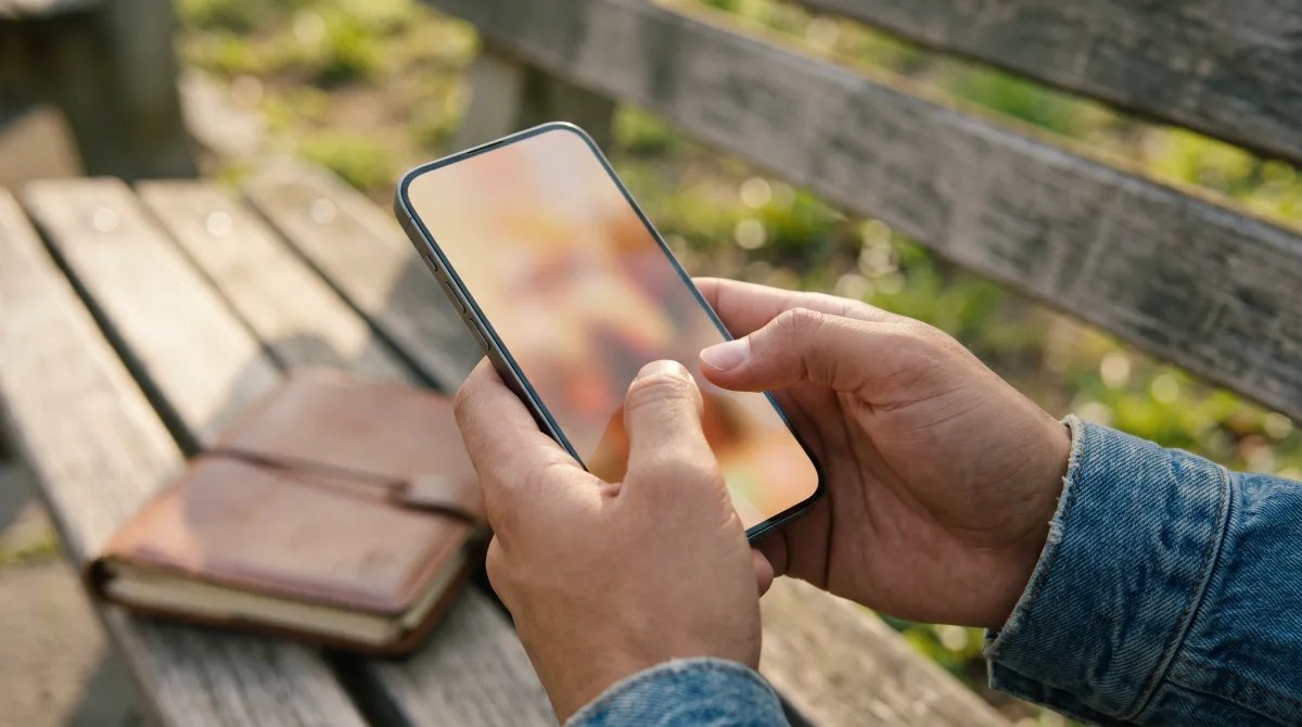 Close-up of young thumbs typing a message on a phone showing a softly blurred compose screen, a book beside them