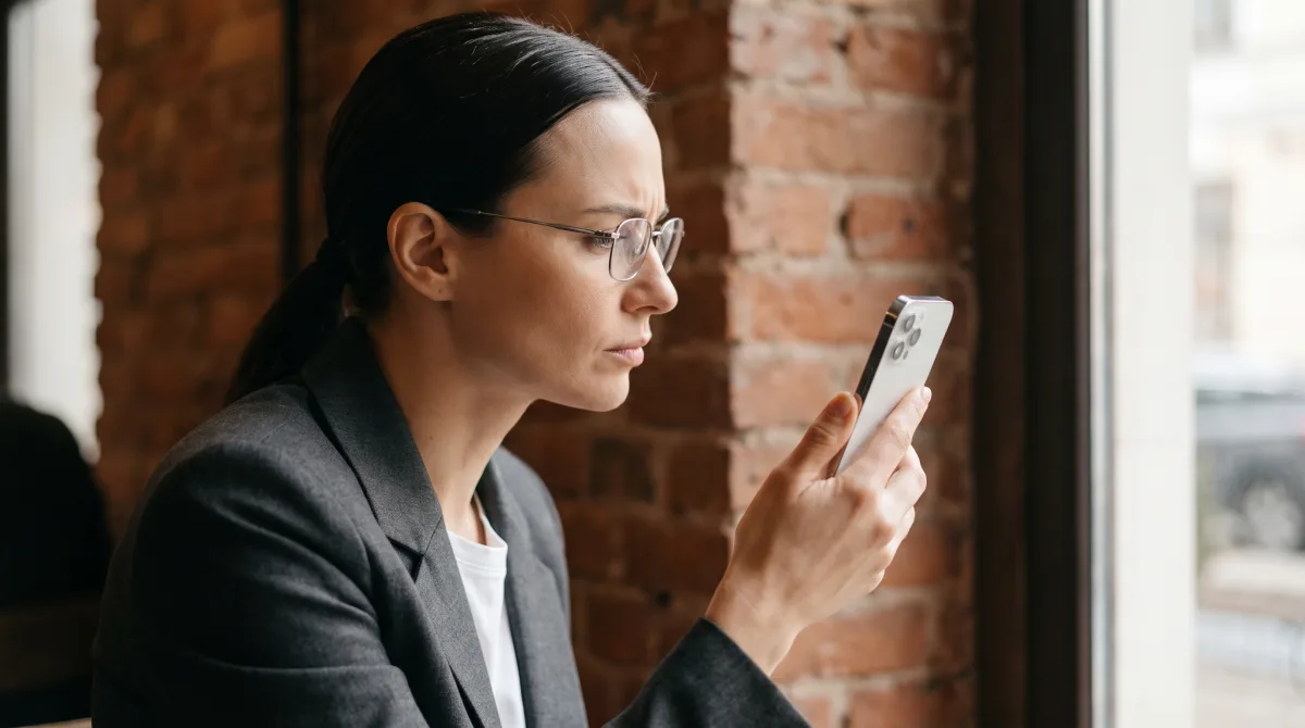 A sharp young woman in a café holding her phone with a careful, skeptical expression, spotting a scam red flag